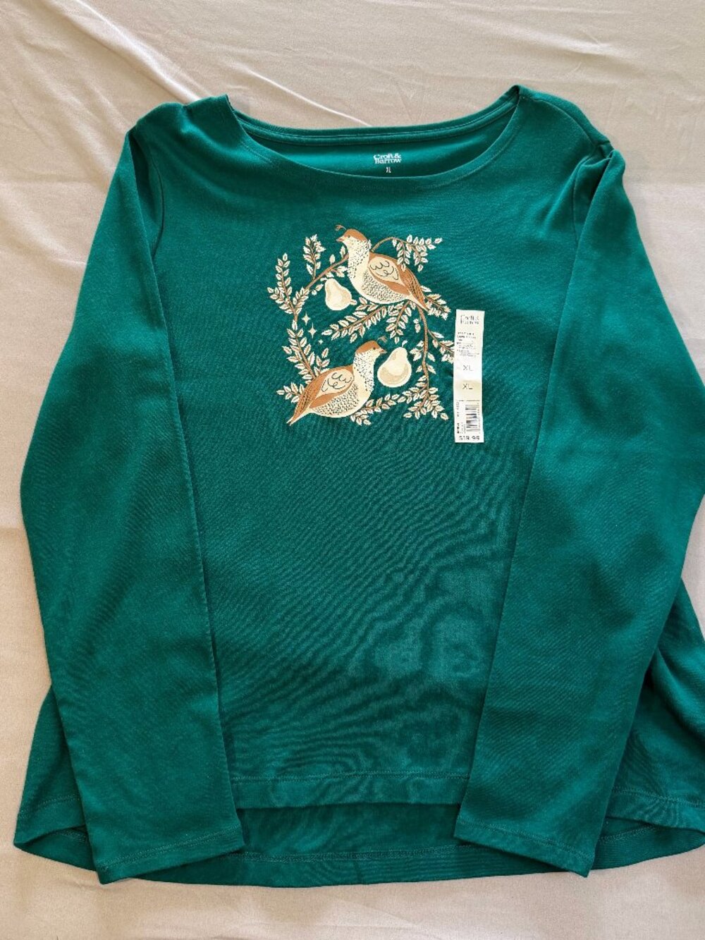 Croft & Barrow Women's Long Sleeve Green Tee XL Partridge Christmas New w/ Tags